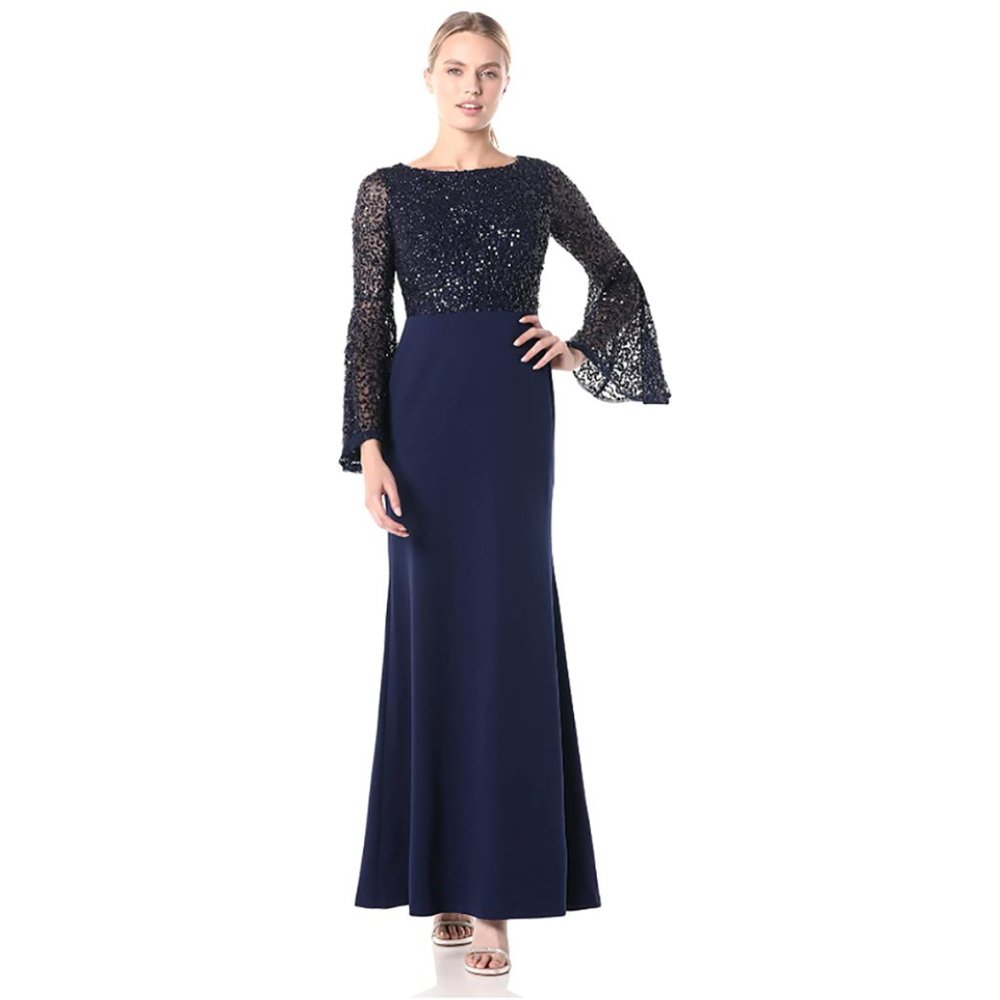 Adrianna Papell Beaded Navy Gown with Bell Sleeve